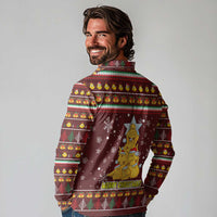 Merry Chickmas Christmas Long Sleeve Polo Shirt with Yellow Chickens Tree Design and Snowflake Pattern - Wonder Print Shop