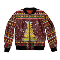 Merry Chickmas Christmas Sleeve Zip Bomber Jacket with Yellow Chickens Tree Design and Snowflake Pattern - Wonder Print Shop