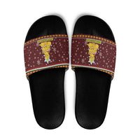 Merry Chickmas Christmas Slide Sandals with Yellow Chickens Tree Design and Snowflake Pattern - Wonder Print Shop