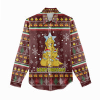 Merry Chickmas Christmas Women Casual Shirt with Yellow Chickens Tree Design and Snowflake Pattern - Wonder Print Shop
