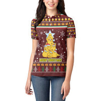 Merry Chickmas Christmas Women Polo Shirt with Yellow Chickens Tree Design and Snowflake Pattern - Wonder Print Shop