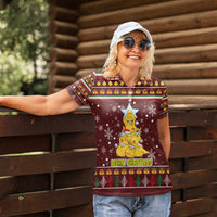 Merry Chickmas Christmas Women Polo Shirt with Yellow Chickens Tree Design and Snowflake Pattern - Wonder Print Shop