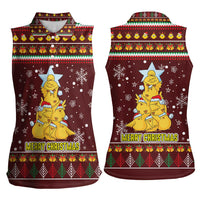 Merry Chickmas Christmas Women Sleeveless Polo Shirt with Yellow Chickens Tree Design and Snowflake Pattern - Wonder Print Shop
