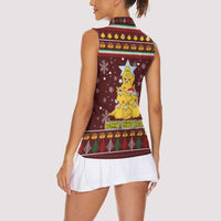 Merry Chickmas Christmas Women Sleeveless Polo Shirt with Yellow Chickens Tree Design and Snowflake Pattern - Wonder Print Shop