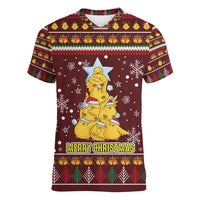 Merry Chickmas Christmas Women V-Neck T-Shirt with Yellow Chickens Tree Design and Snowflake Pattern - Wonder Print Shop