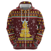 Merry Chickmas Christmas Zip Hoodie with Yellow Chickens Tree Design and Snowflake Pattern - Wonder Print Shop