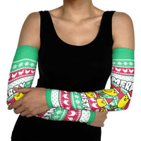 Merry Chickmas Christmas Arm Sleeves with Yellow Cartoon Birds in Santa Hats and Red Green Snowflake Pattern - Wonder Print Shop