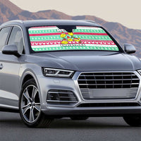 Merry Chickmas Christmas Auto Sun Shade with Yellow Cartoon Birds in Santa Hats and Red Green Snowflake Pattern - Wonder Print Shop