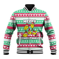 Merry Chickmas Christmas Baseball Jacket with Yellow Cartoon Birds in Santa Hats and Red Green Snowflake Pattern - Wonder Print Shop