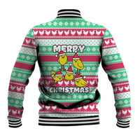 Merry Chickmas Christmas Baseball Jacket with Yellow Cartoon Birds in Santa Hats and Red Green Snowflake Pattern - Wonder Print Shop