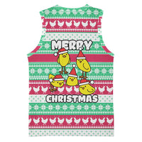 Merry Chickmas Christmas Basketball Jersey with Yellow Cartoon Birds in Santa Hats and Red Green Snowflake Pattern - Wonder Print Shop