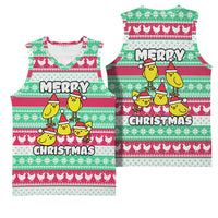 Merry Chickmas Christmas Basketball Jersey with Yellow Cartoon Birds in Santa Hats and Red Green Snowflake Pattern - Wonder Print Shop