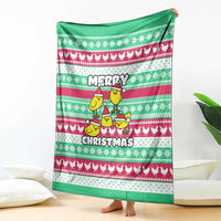 Merry Chickmas Christmas Blanket with Yellow Cartoon Birds in Santa Hats and Red Green Snowflake Pattern - Wonder Print Shop