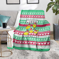 Merry Chickmas Christmas Blanket with Yellow Cartoon Birds in Santa Hats and Red Green Snowflake Pattern - Wonder Print Shop
