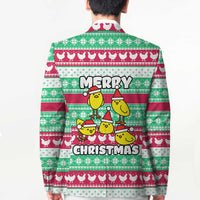 Merry Chickmas Christmas Blazer with Yellow Cartoon Birds in Santa Hats and Red Green Snowflake Pattern - Wonder Print Shop