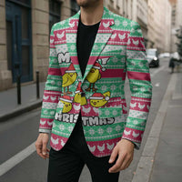 Merry Chickmas Christmas Blazer with Yellow Cartoon Birds in Santa Hats and Red Green Snowflake Pattern - Wonder Print Shop