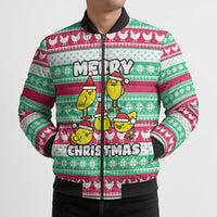 Merry Chickmas Christmas Bomber Puffer Jacket with Yellow Cartoon Birds in Santa Hats and Red Green Snowflake Pattern - Wonder Print Shop