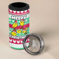 Merry Chickmas Christmas 4 in 1 Can Cooler Tumbler with Yellow Cartoon Birds in Santa Hats and Red Green Snowflake Pattern - Wonder Print Shop