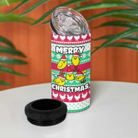 Merry Chickmas Christmas 4 in 1 Can Cooler Tumbler with Yellow Cartoon Birds in Santa Hats and Red Green Snowflake Pattern - Wonder Print Shop