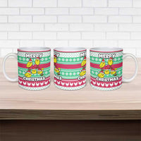 Merry Chickmas Christmas Ceramic Mug with Yellow Cartoon Birds in Santa Hats and Red Green Snowflake Pattern - Wonder Print Shop