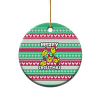 Merry Chickmas Christmas Ceramic Ornament with Yellow Cartoon Birds in Santa Hats and Red Green Snowflake Pattern - Wonder Print Shop
