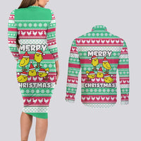 Merry Chickmas Christmas Couples Matching Long Sleeve Bodycon Dress and Long Sleeve Button Shirt with Yellow Cartoon Birds in Santa Hats and Red Green Snowflake Pattern - Wonder Print Shop