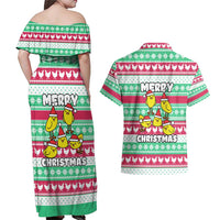 Merry Chickmas Christmas Couples Matching Off Shoulder Maxi Dress and Hawaiian Shirt with Yellow Cartoon Birds in Santa Hats and Red Green Snowflake Pattern - Wonder Print Shop