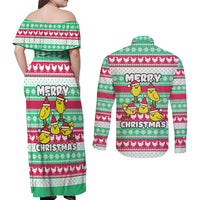 Merry Chickmas Christmas Couples Matching Off Shoulder Maxi Dress and Long Sleeve Button Shirt with Yellow Cartoon Birds in Santa Hats and Red Green Snowflake Pattern - Wonder Print Shop
