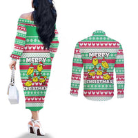 Merry Chickmas Christmas Couples Matching Off The Shoulder Long Sleeve Dress and Long Sleeve Button Shirt with Yellow Cartoon Birds in Santa Hats and Red Green Snowflake Pattern - Wonder Print Shop