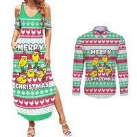 Merry Chickmas Christmas Couples Matching Summer Maxi Dress and Long Sleeve Button Shirt with Yellow Cartoon Birds in Santa Hats and Red Green Snowflake Pattern - Wonder Print Shop