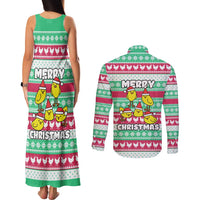 Merry Chickmas Christmas Couples Matching Tank Maxi Dress and Long Sleeve Button Shirt with Yellow Cartoon Birds in Santa Hats and Red Green Snowflake Pattern - Wonder Print Shop