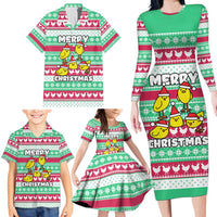 Merry Chickmas Christmas Family Matching Long Sleeve Bodycon Dress and Hawaiian Shirt with Yellow Cartoon Birds in Santa Hats and Red Green Snowflake Pattern - Wonder Print Shop