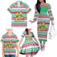 Merry Chickmas Christmas Family Matching Off The Shoulder Long Sleeve Dress and Hawaiian Shirt with Yellow Cartoon Birds in Santa Hats and Red Green Snowflake Pattern - Wonder Print Shop