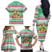 Merry Chickmas Christmas Family Matching Off The Shoulder Long Sleeve Dress and Hawaiian Shirt with Yellow Cartoon Birds in Santa Hats and Red Green Snowflake Pattern - Wonder Print Shop