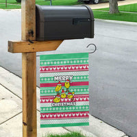 Merry Chickmas Christmas Garden Flag with Yellow Cartoon Birds in Santa Hats and Red Green Snowflake Pattern - Wonder Print Shop