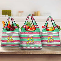 Merry Chickmas Christmas Grocery Bag with Yellow Cartoon Birds in Santa Hats and Red Green Snowflake Pattern - Wonder Print Shop