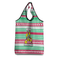 Merry Chickmas Christmas Grocery Bag with Yellow Cartoon Birds in Santa Hats and Red Green Snowflake Pattern - Wonder Print Shop