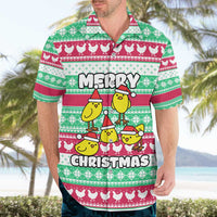 Merry Chickmas Christmas Hawaiian Shirt with Yellow Cartoon Birds in Santa Hats and Red Green Snowflake Pattern - Wonder Print Shop