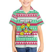 Merry Chickmas Christmas Hawaiian Shirt with Yellow Cartoon Birds in Santa Hats and Red Green Snowflake Pattern - Wonder Print Shop