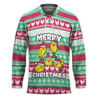 Merry Chickmas Christmas Hockey Jersey with Yellow Cartoon Birds in Santa Hats and Red Green Snowflake Pattern - Wonder Print Shop