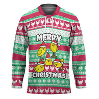 Merry Chickmas Christmas Hockey Jersey with Yellow Cartoon Birds in Santa Hats and Red Green Snowflake Pattern - Wonder Print Shop