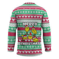 Merry Chickmas Christmas Hockey Jersey with Yellow Cartoon Birds in Santa Hats and Red Green Snowflake Pattern - Wonder Print Shop