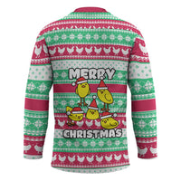 Merry Chickmas Christmas Hockey Jersey with Yellow Cartoon Birds in Santa Hats and Red Green Snowflake Pattern - Wonder Print Shop
