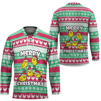 Merry Chickmas Christmas Hockey Jersey with Yellow Cartoon Birds in Santa Hats and Red Green Snowflake Pattern - Wonder Print Shop