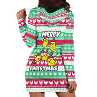 Merry Chickmas Christmas Hoodie Dress with Yellow Cartoon Birds in Santa Hats and Red Green Snowflake Pattern - Wonder Print Shop