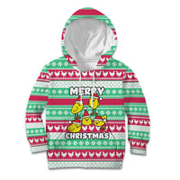 Merry Chickmas Christmas Kid Hoodie with Yellow Cartoon Birds in Santa Hats and Red Green Snowflake Pattern - Wonder Print Shop