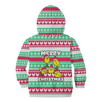 Merry Chickmas Christmas Kid Hoodie with Yellow Cartoon Birds in Santa Hats and Red Green Snowflake Pattern - Wonder Print Shop