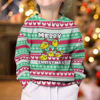Merry Chickmas Christmas Kid Ugly Christmas Sweater with Yellow Cartoon Birds in Santa Hats and Red Green Snowflake Pattern - Wonder Print Shop