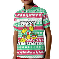 Merry Chickmas Christmas Kid Polo Shirt with Yellow Cartoon Birds in Santa Hats and Red Green Snowflake Pattern - Wonder Print Shop