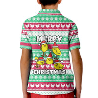 Merry Chickmas Christmas Kid Polo Shirt with Yellow Cartoon Birds in Santa Hats and Red Green Snowflake Pattern - Wonder Print Shop